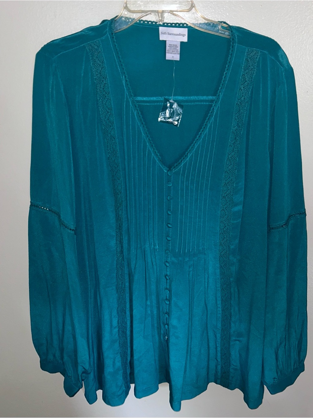 NWOT Soft Surroundings Silk Shirt Button Down Top Long Sleeve Blouse Teal 1X